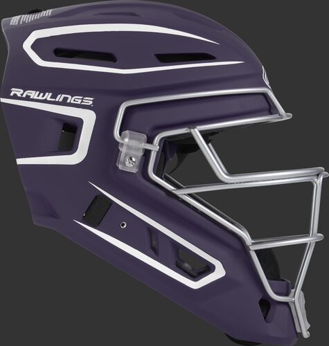 Right side of a purple CHV27J Velo 2.0 youth size catcher's helmet