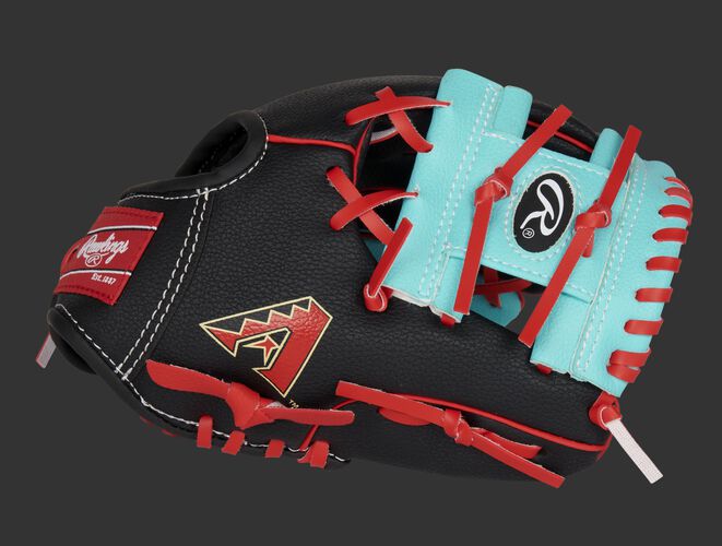 Thumb of a black/teal Arizona Diamondbacks 10-Inch team logo glove with a teal I-web and D-Backs logo on the thumb - SKU: 22000010111