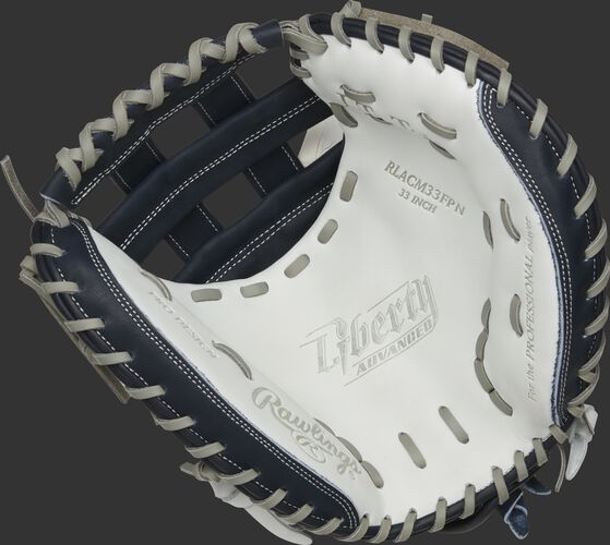 RLACM33FPN Rawlings Liberty Advanced Color Series catcher's mitt with a white palm, navy web and gray laces