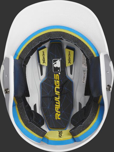 Inside of a Rawlings MACH baseball helmet with IMPAX durable foam padding
