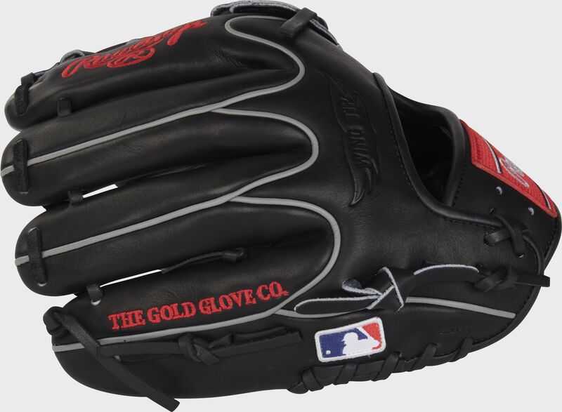 Black back of a Heart of the Hide 11.75" Wing Tip glove with the MLB logo on the pinky - SKU: PROT205W-6B