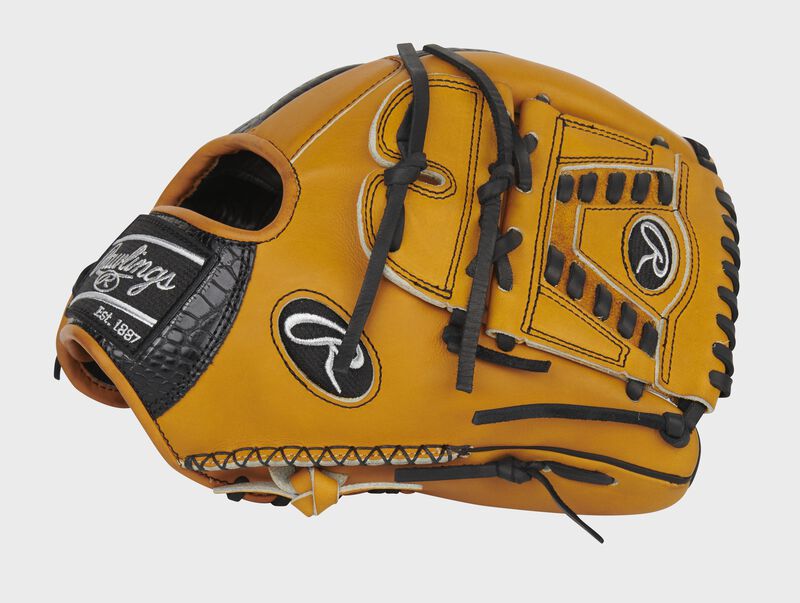 Tan thumb of an exclusive Pro Preferred Croc infield/pitcher's glove with a tan laced 2-piece solid web - SKU: PROS205-30TC