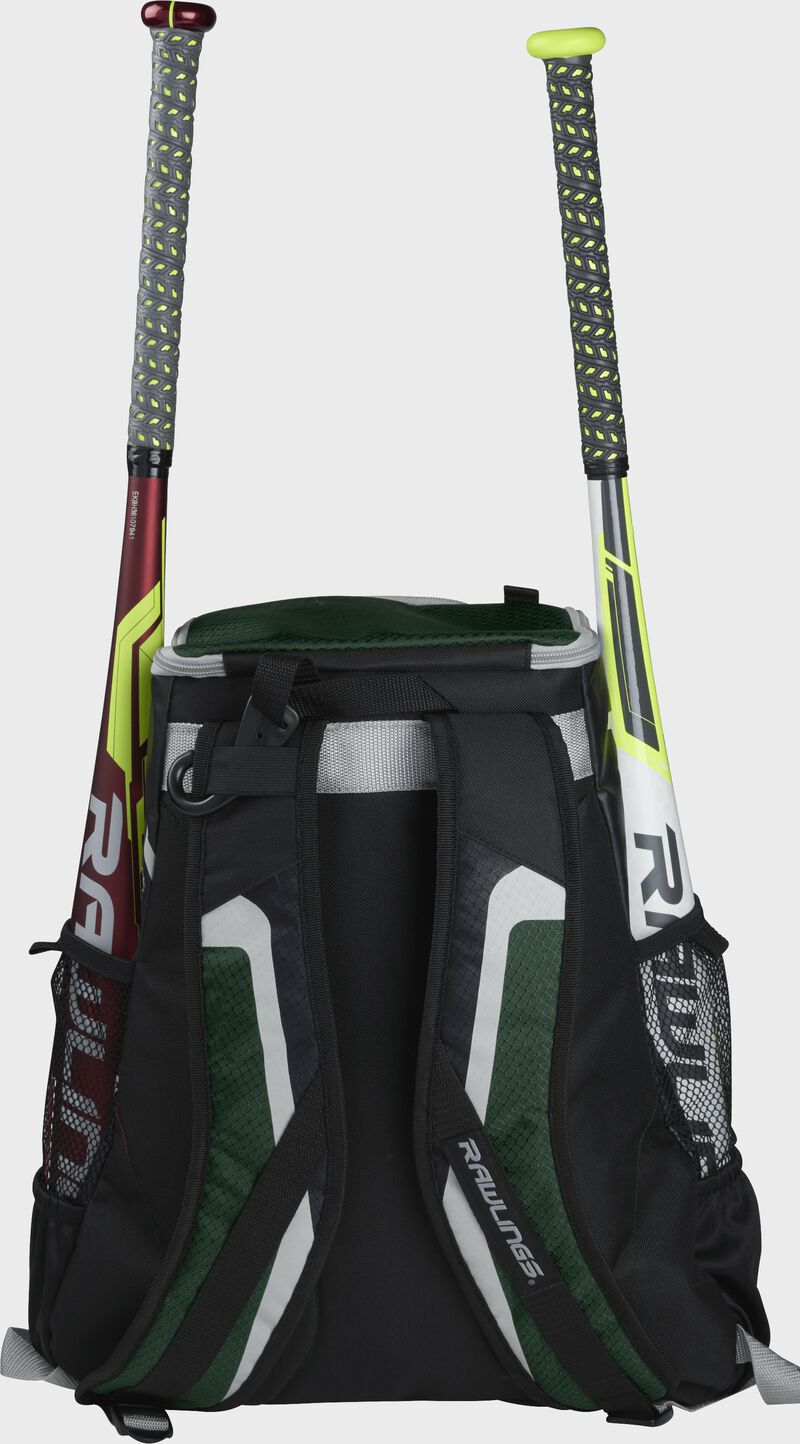 Back of a black/dark green R500 team backpack with two bats in the side sleeves