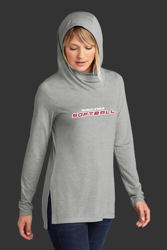 A woman wearing a gray Rawlings Softball performance hoodie with the hood up over her head - SKU: RSGLWH-G