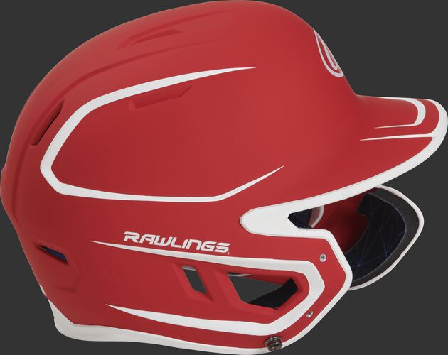 Right side of a MACHEXTR junior Rawlings batting helmet with a two-tone matte scarlet/white shell