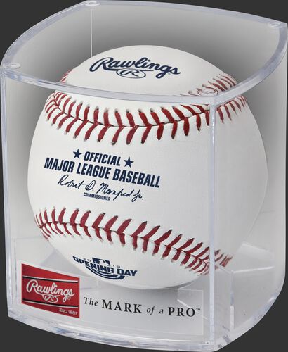 A ROMLBOD19 2019 MLB Opening Day ball in a clear display cube