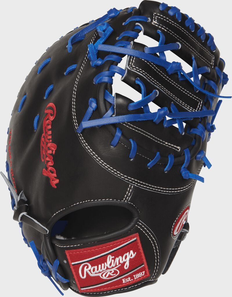 Back view of a PROSAR44 Pro Preferred 12.75-inch first base mitt with a black kip leather back