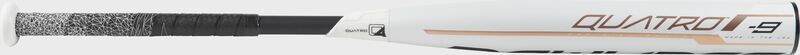 Barrel of a white FP9Q9 Rawlings 2019 Quatro softball bat with rose gold accents and black handle