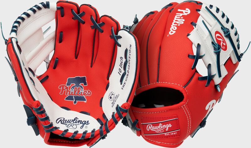 Two images showing the palm & back of a red Philadelphia Phillies team logo youth glove
