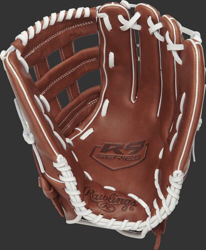 R9SB130-6DB Rawlings 13-inch outfield softball glove with a brown palm and white laces