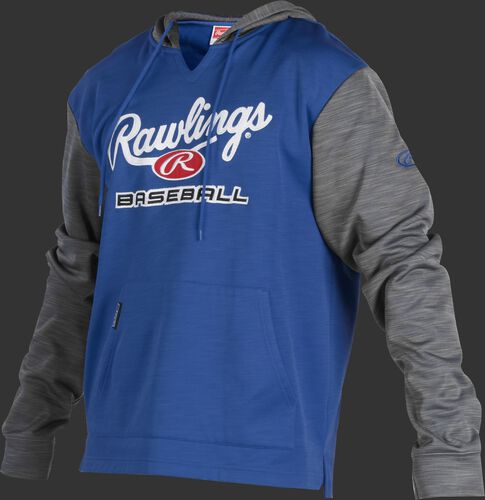 A royal Rawlings adult long sleeve hoodie with a Rawlings log on the chest and heather gray sleeves - SKU: PFH2PRBB-R/GR