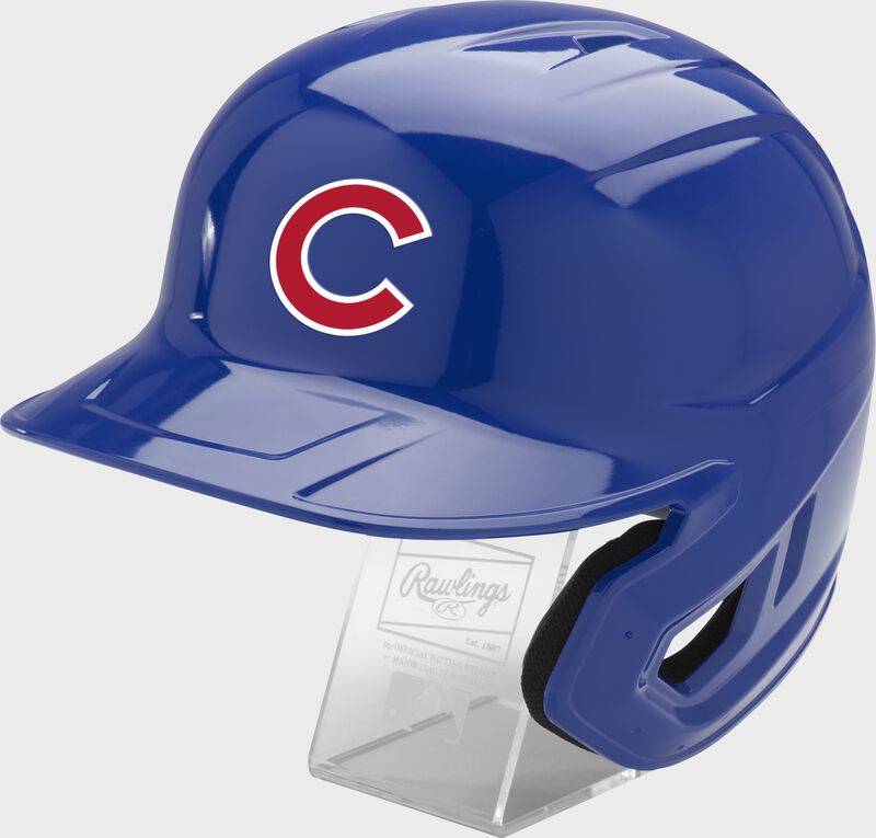 Front left of a blue Rawlings Chicago Cubs replica helmet - SKU: MLBMR-CHI