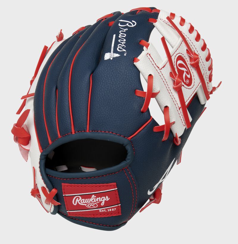 Back of a navy/white Atlanta Braves 10-Inch I-web glove with a red Rawlings patch - SKU: 22000005111