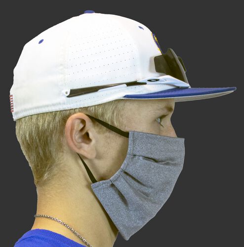 Side view of a player wearing a Rawlings performance wear sports mask with ear loops - SKU: RMSKE-HGRY