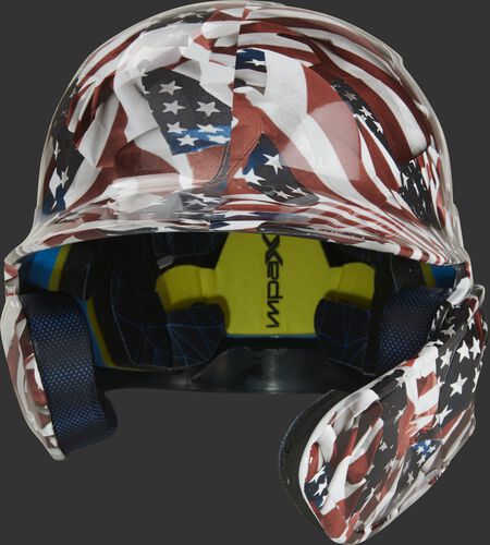 Front of a MACHEXTR-USA Rawlings Mach EXT batting helmet with a USA flag hyro dipped design