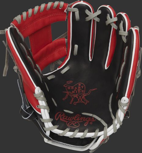 PRO204W-2CA Rawlings HOH Canada glove with a black palm, scarlet palm print and grey laces