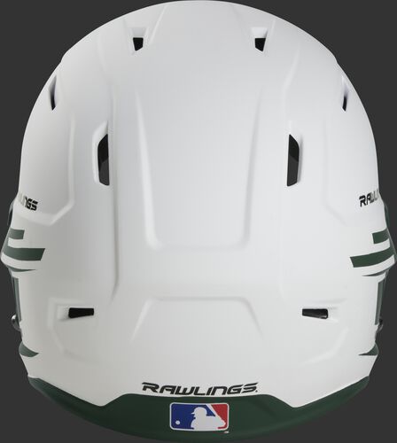 Back of a white/dark green Rawlings Mach fastpitch helmet with the MLB logo on the bottom - SKU: MSB13S-W/DG