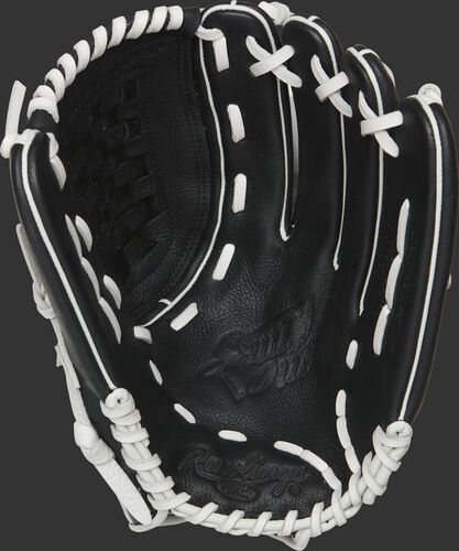 Black palm of a RSO125BW Rawlings Shut Out softball glove with white laces