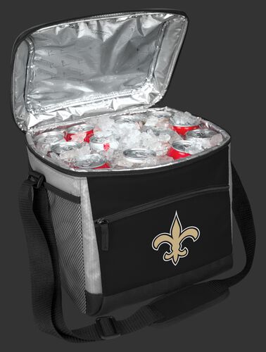 An open New Orleans Saints 24 can cooler filled with ice and drinks - SKU: 10211077111