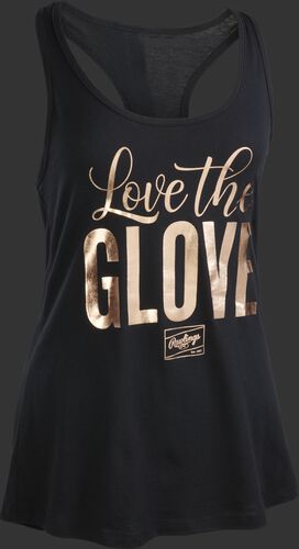 A black women's tank top shirt with "Love the Glove" printed in gold