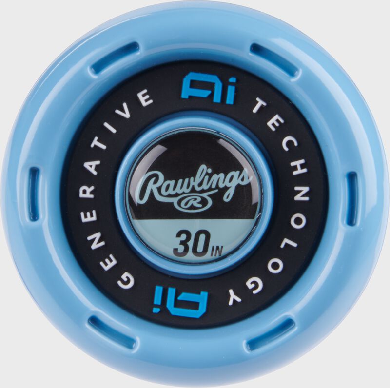Black/blue knob of a Rawlings Clout USSSA 30 inch -8 bat
