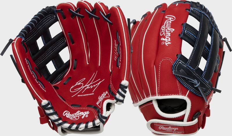 Two images showing the palm & back of a red Sure Catch 11.5" Bryce Young signature youth glove