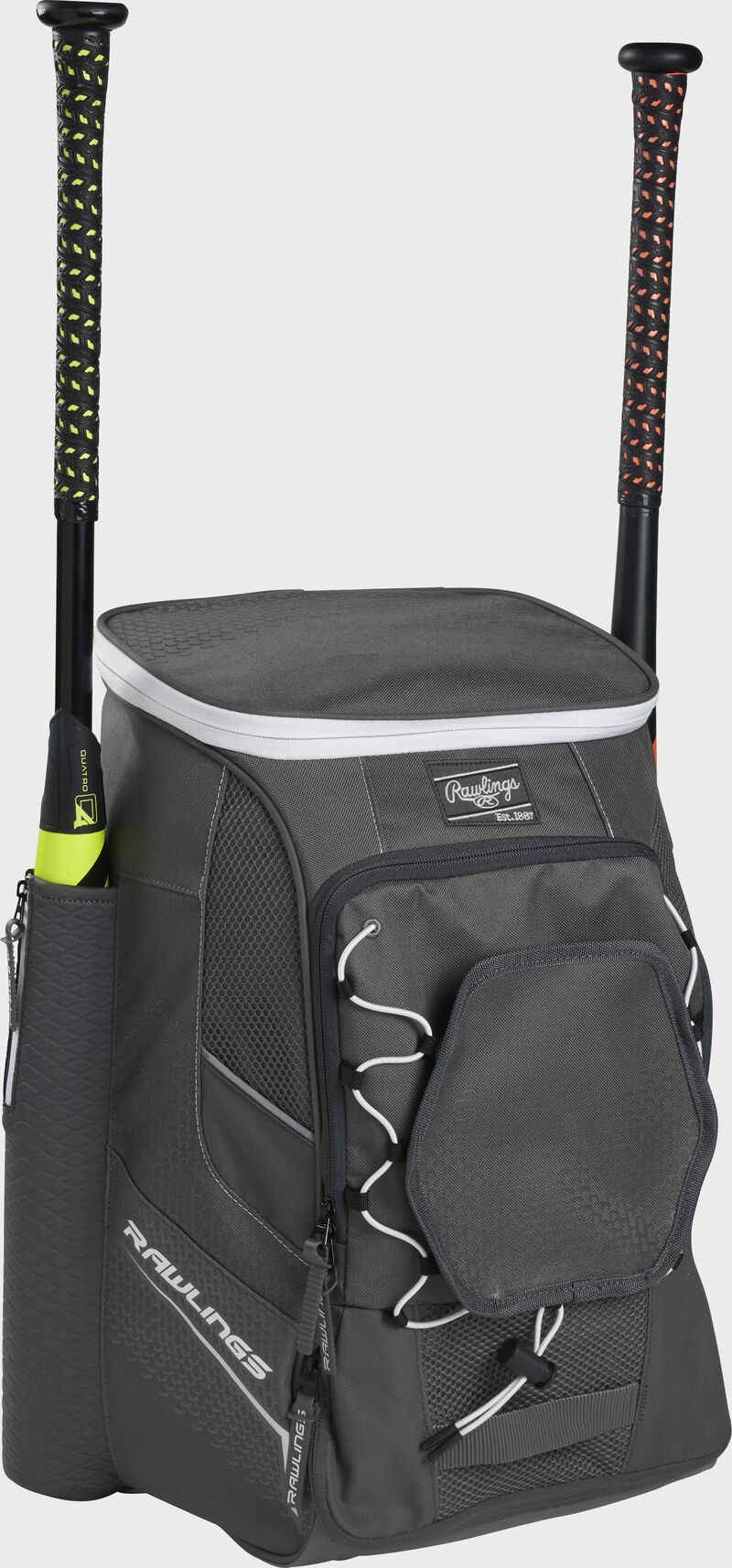 Front left angle of a graphite Rawlings Impulse baseball gear backpack with two bats - SKU: IMPLSE-GR