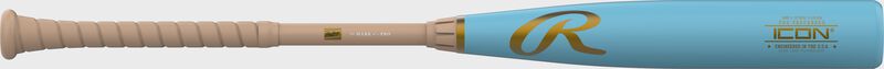 A Rawlings Icon Pro Preferred BBCOR baseball bat with a Columbia blue barrel and tan handle
