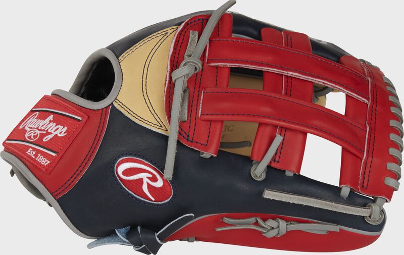 Thumb of a camel/navy/scarlet Ronald Acuna Pro Preferred outfield glove with a scarlet Pro H web - SKU: PROSRA13C loading=
