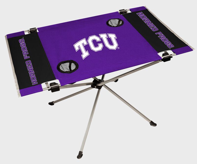 A TCU Horned Frogs endzone table with a large team logo in the middle