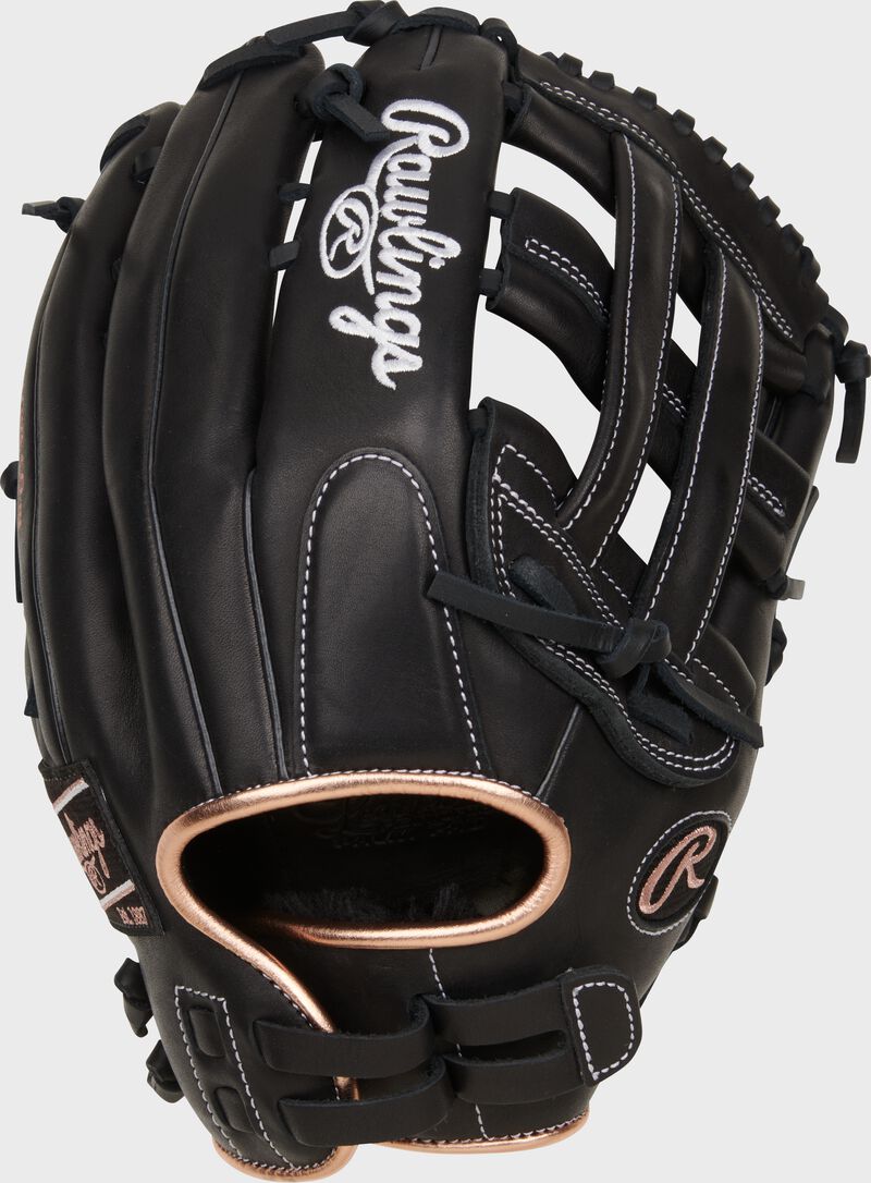 Black back of a R9 Series 13" fastpitch H-web glove with a pull strap back