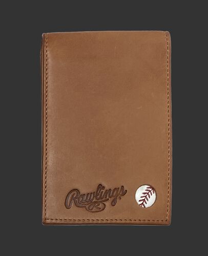 A tan Play Ball front pocket wallet with the Rawlings logo and ball emblem in the bottom right corner - SKU: MW496-204