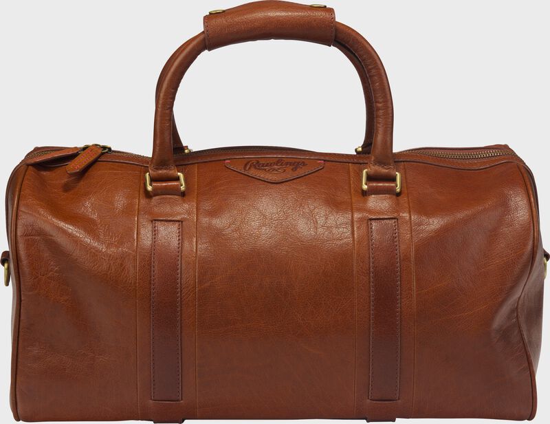 Side of a tan Rawlings Home Run duffle bag