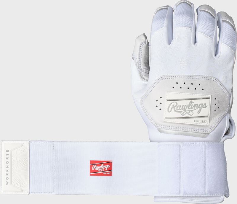 A white Workhorse compression strap batting glove with the strap extended out