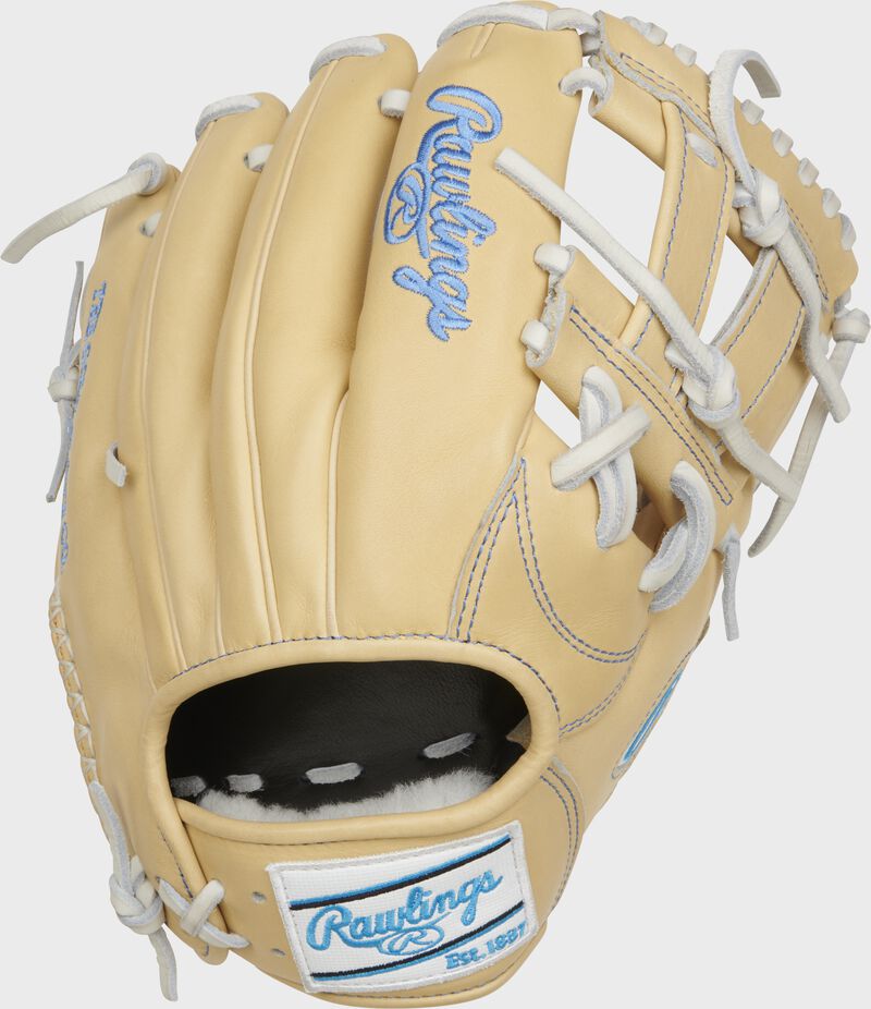Back of an 11.5" Pro Preferred V-web infield glove with a white/Columbia blue Rawlings patch - SKU: PROSNP4-7Cw
