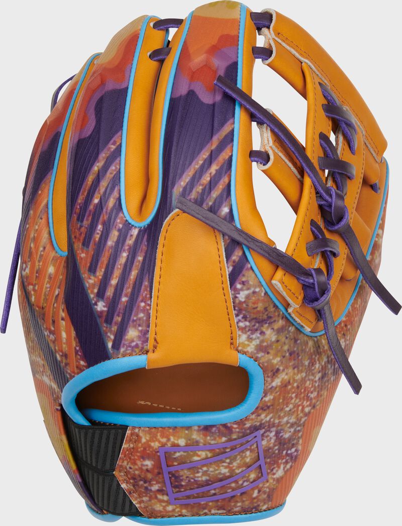 Purple/orange back of an 11.5" Francisco Lindor REV1X infield glove - SKU: REVFL12T