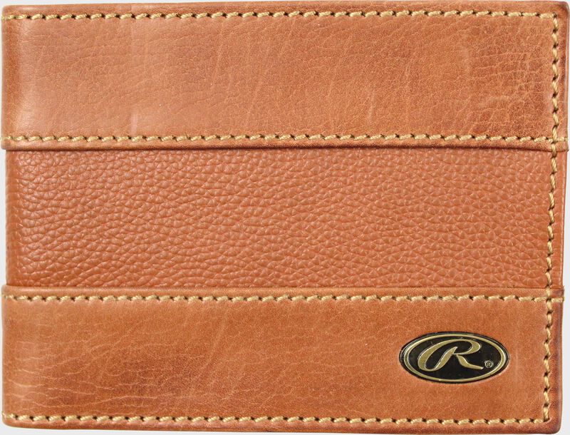 A tan RW80004-204 Bases Loaded bi-fold wallet folded close with a gold Oval R logo in the bottom right