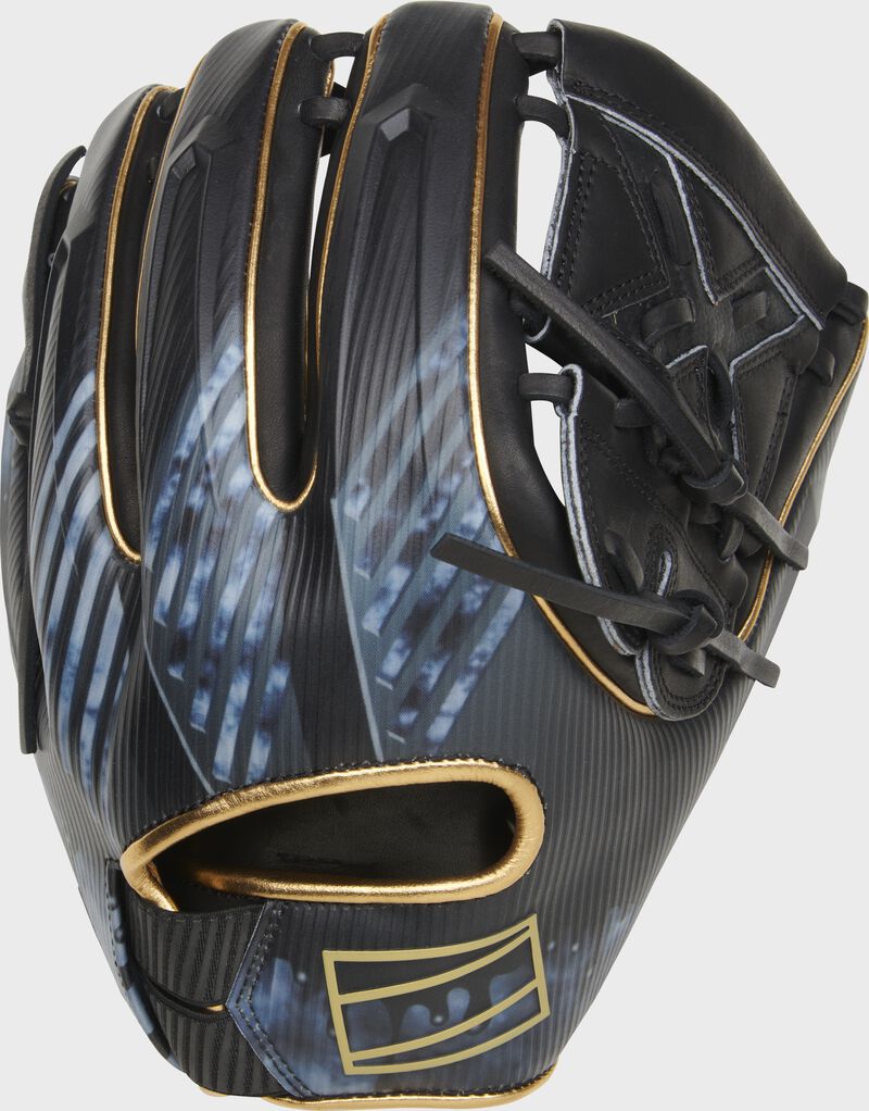 Back of a black REV1X 11.75" infield/pitcher's glove with a stylish graphic printed on the back - SKU: REV205-9XB