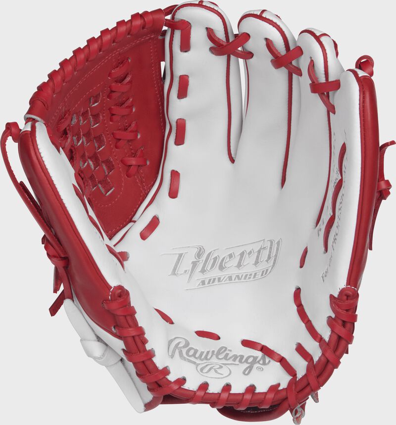 RLA125-18WS Rawlings 12.5-inch softball outfield/pitcher's glove with a white palm and scarlet laces