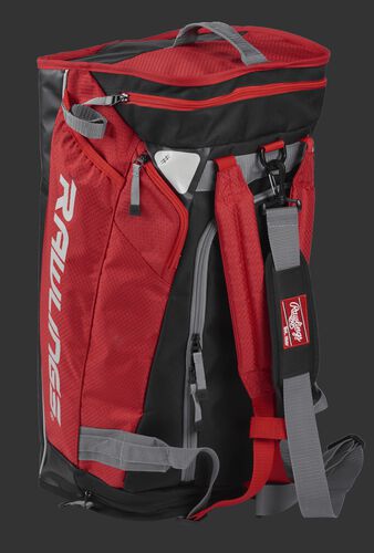 Angled view of a scarlet R601 Rawlings hybrid bag standing up like a backpack