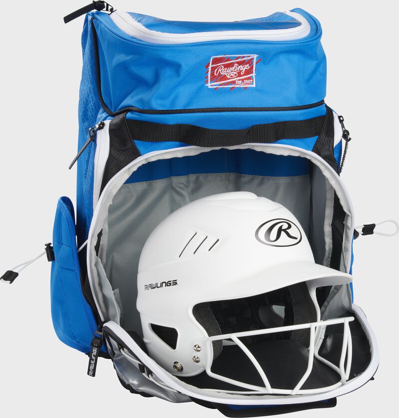 An open light blue Mantra softball backpack with a helmet in the main compartment - SKU: R800