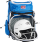 An open light blue Mantra softball backpack with a helmet in the main compartment - SKU: R800 image number null