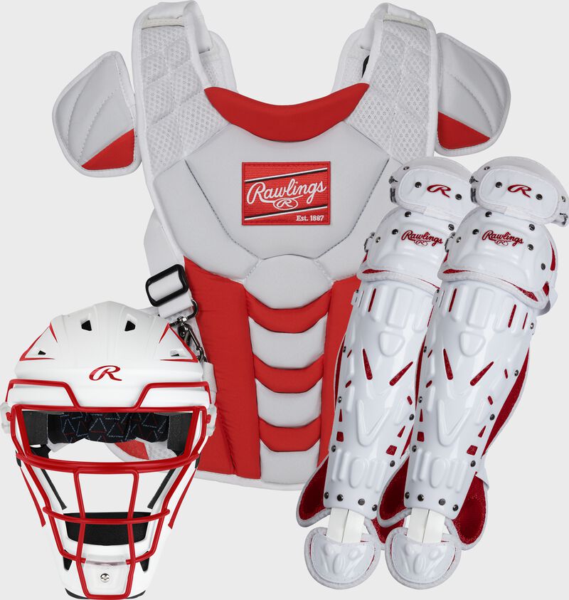 A white/scarlet Velo fastpitch catcher's gear set with a helmet, chest protector and leg guards - SKU: CSSBL-W/S