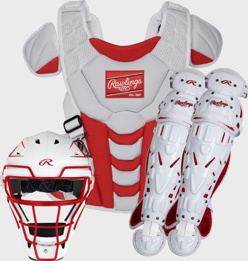A white/scarlet Velo fastpitch catcher's gear set with a helmet, chest protector and leg guards - SKU: CSSBL-W/S loading=