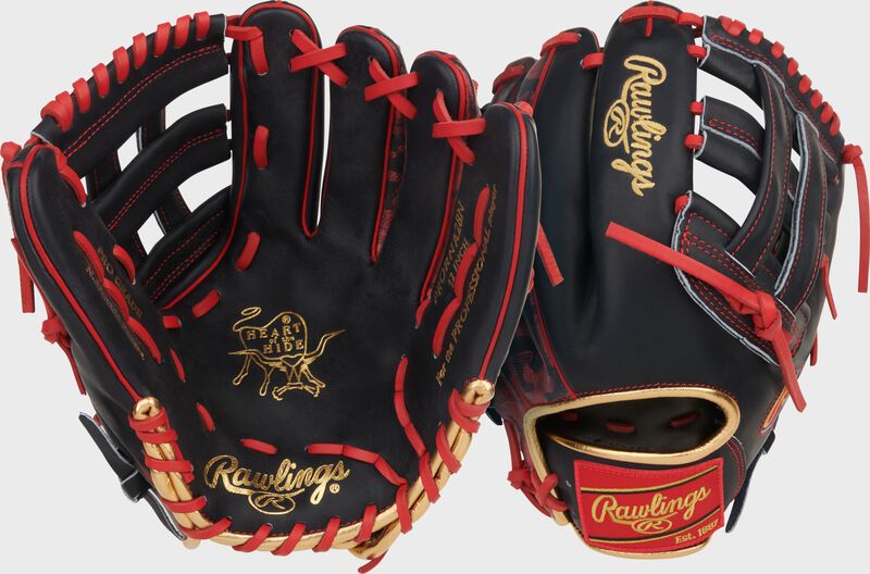 Two images showing the palm & back of a Nolan Arenado Heart of the Hide 12-Inch Infield Glove
