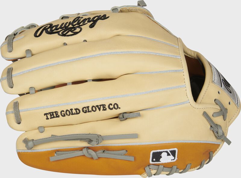 Camel fingers of a Rawlings HOH 12.75-inch outfield glove with the MLB logo on the pinkie - SKU: PRO3039-6TC