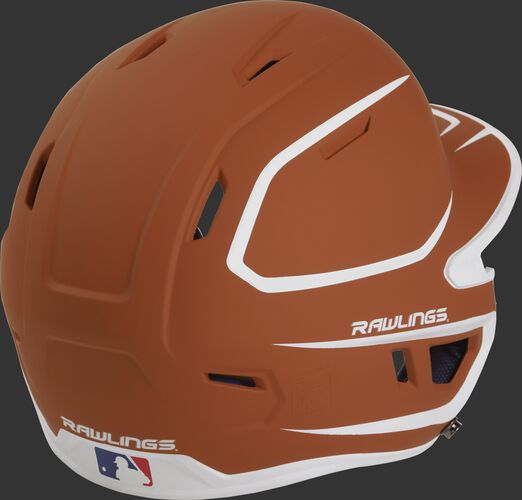 Back right of a two-tone matte orange/white MACH Rawlings Junior size batting helmet
