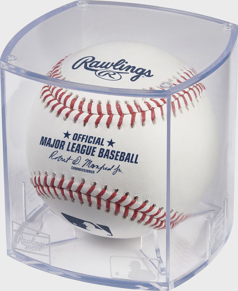 A baseball in a clear Rawlings baseball display cube