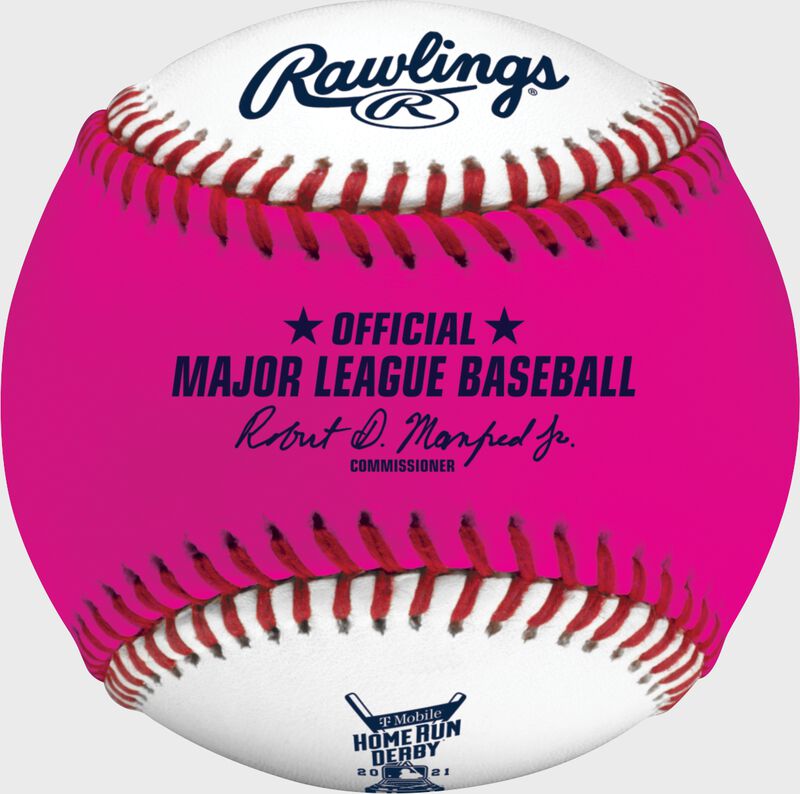 A pink/white MLB 2021 Home Run Derby money baseball with the official ball of MLB stamp - SKU: RSGEA-ROMLBMB21-R