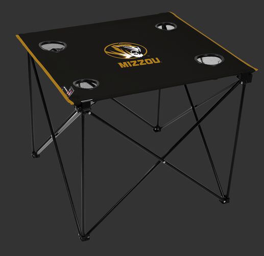 A black NCAA Missouri Tigers deluxe tailgate table with four cup holders and team logo printed in the middle SKU #00713086111